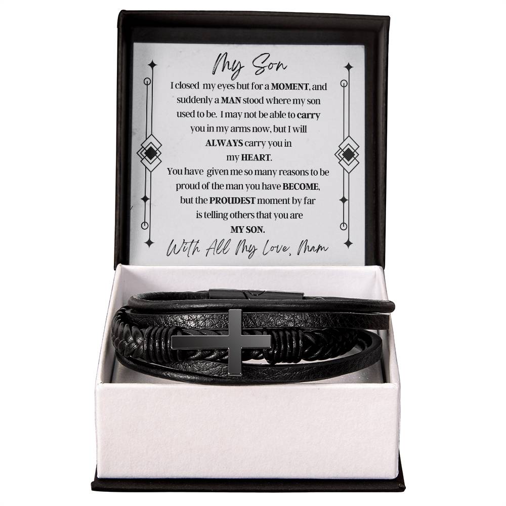 To My Son - I Will Always Carry You In My Heart - Cross Leather Bracelet