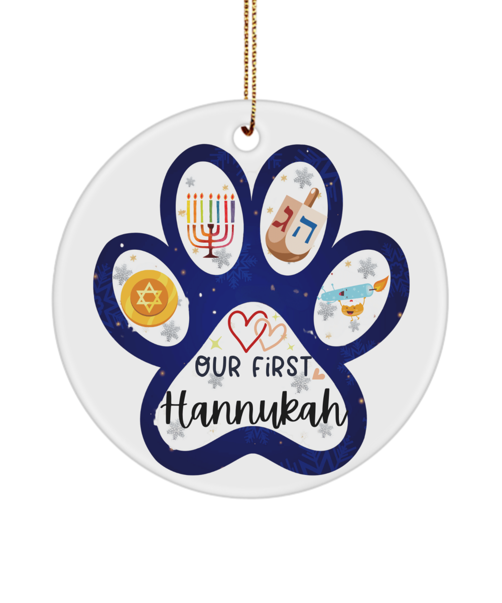 Our First Hannukah Paw Print 3" Ornament - Menorah, Dreidel, Gelt, and Star of David Holiday Decor for Pet Lovers